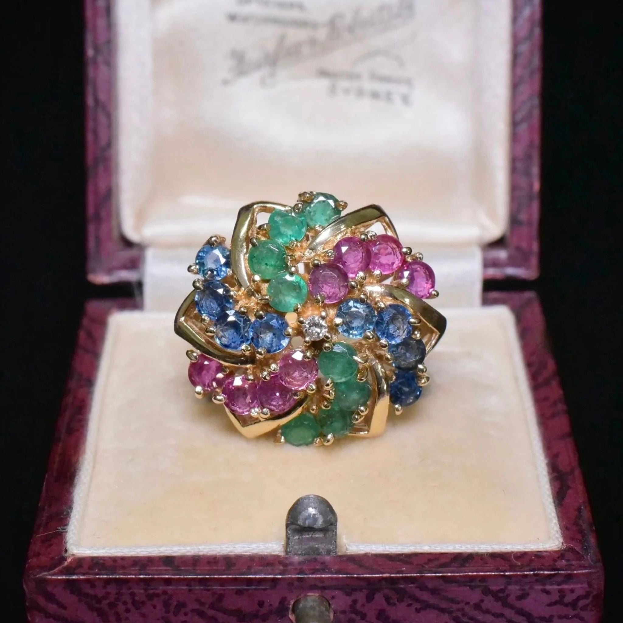 Vintage 14ct Yellow Gold Diamond, Emerald, Ruby, Sapphire Cocktail Ring