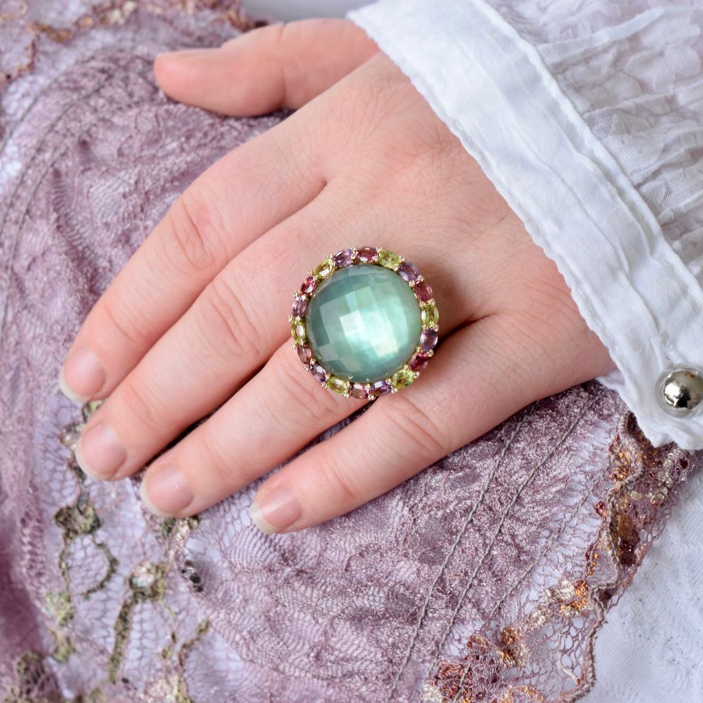 Modern 18ct Yellow Gold Tourmaline, Amethyst, Peridot, Pink And Mauve Sapphire And Diamond Ring Independent Valuation Included For $6,000 AUD