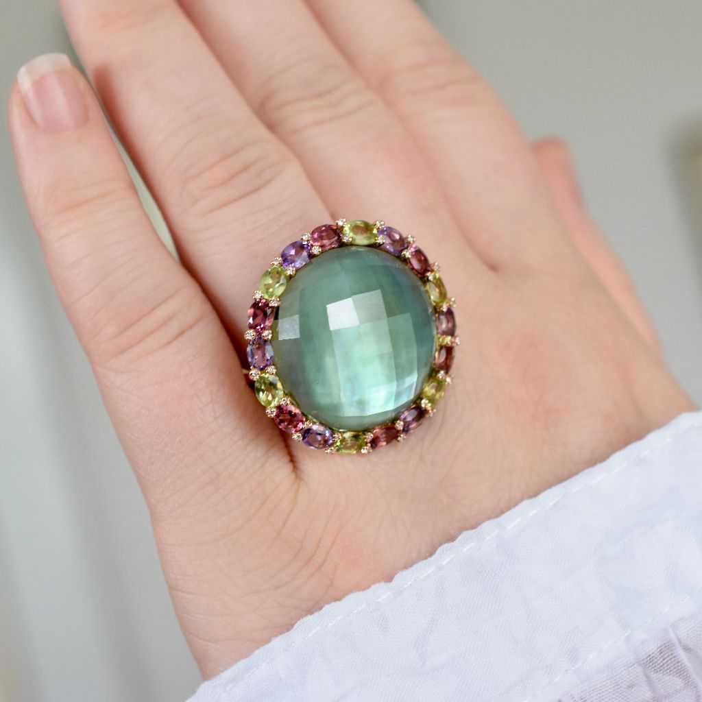 Modern 18ct Yellow Gold Tourmaline, Amethyst, Peridot, Pink And Mauve Sapphire And Diamond Ring Independent Valuation Included For $6,000 AUD