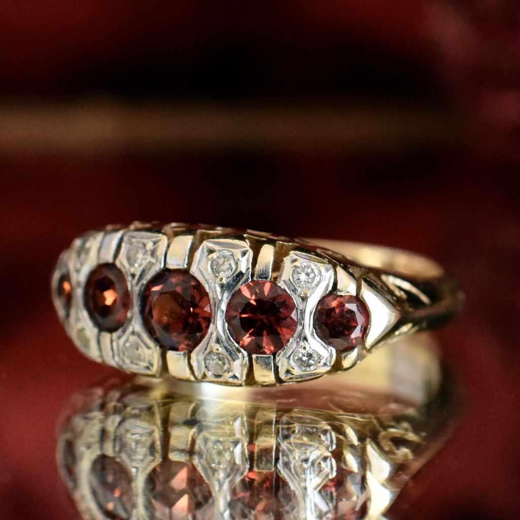 Modern 9ct Yellow Gold Five Stone Garnet And Diamond Ring