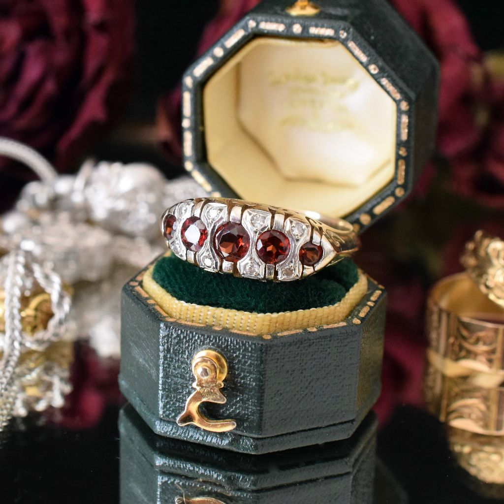 Modern 9ct Yellow Gold Five Stone Garnet And Diamond Ring