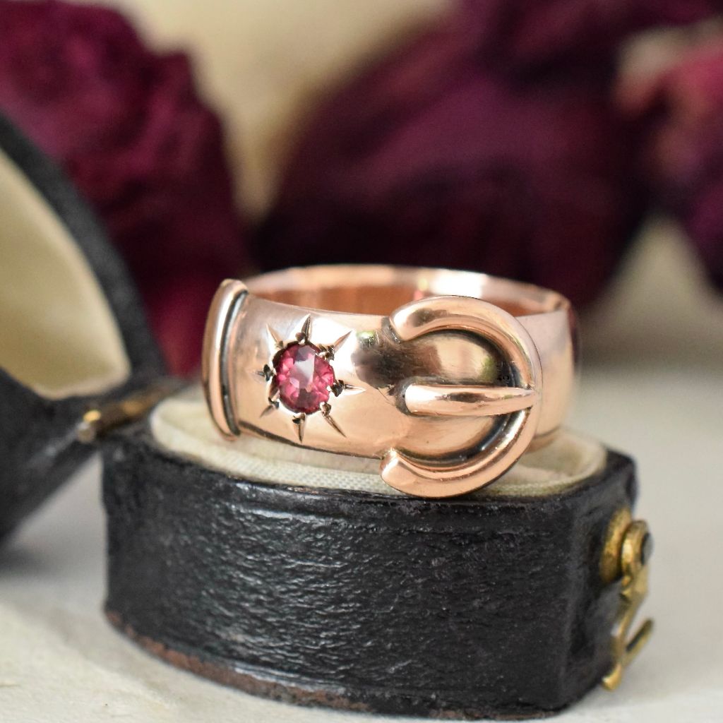 Antique Australian 9ct Rose Gold And Garnet Wide Buckle Ring Circa 1915 Independent Valuation Included For $2,800 AUD