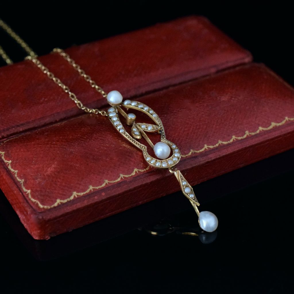 Antique Edwardian 15ct Yellow Gold Pearl Lavaliere Circa 1905