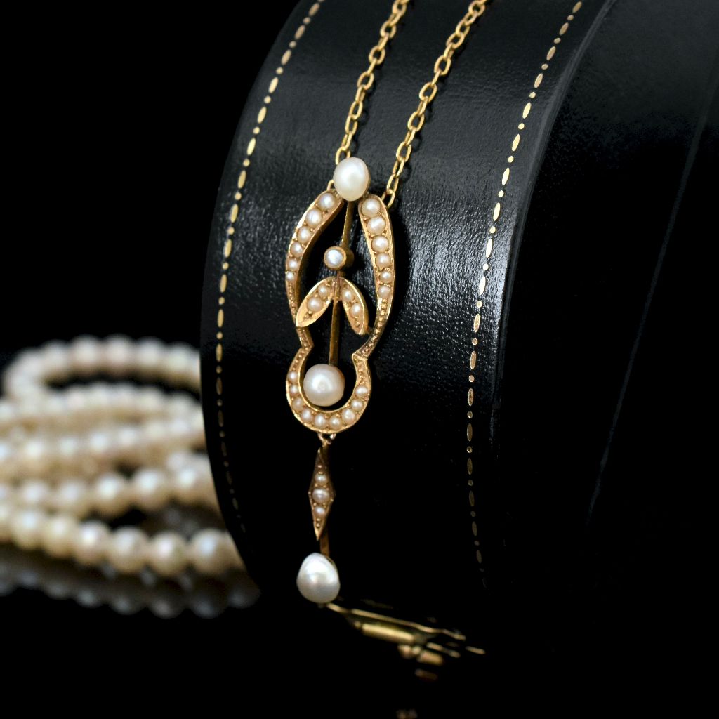 Antique Edwardian 15ct Yellow Gold Pearl Lavaliere Circa 1905