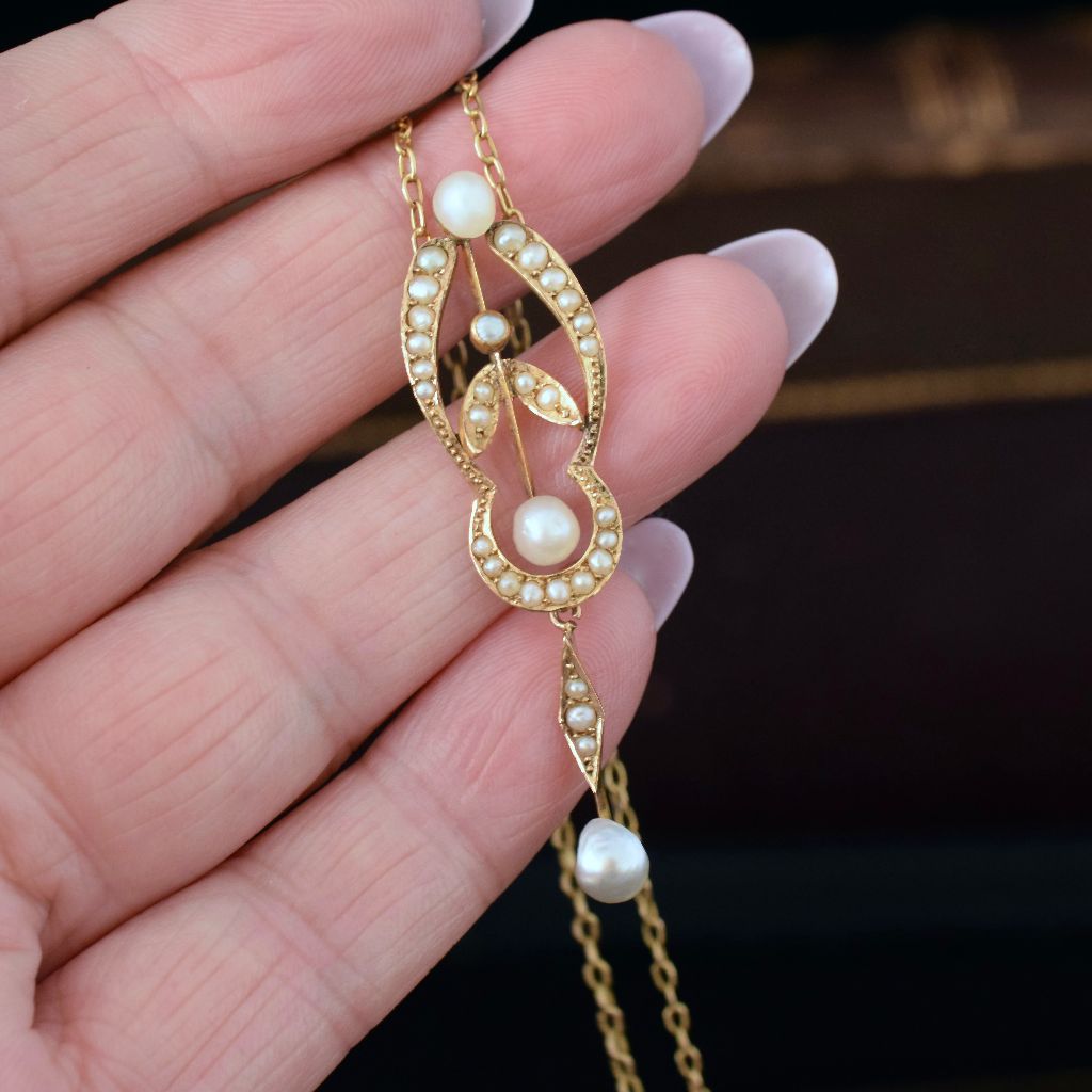 Antique Edwardian 15ct Yellow Gold Pearl Lavaliere Circa 1905