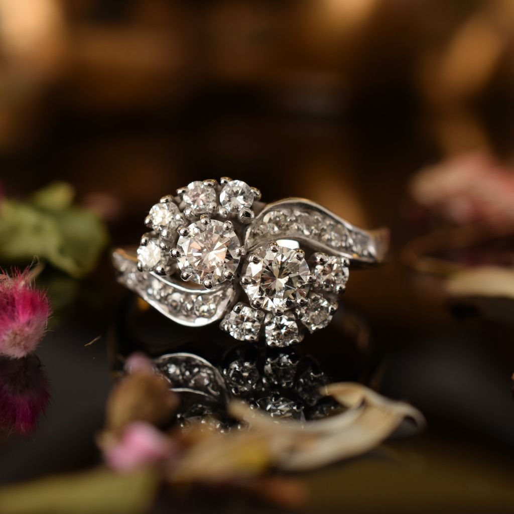 Vintage 14ct White Gold Diamond Cluster ‘Toi et Moi’ Ring 0.85ct