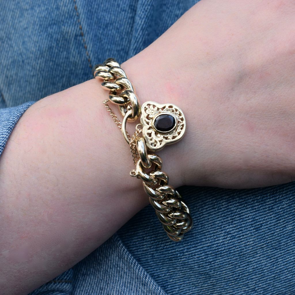 Modern Heavy 9ct Yellow Gold Curb-link Garnet Padlock Bracelet 45.9 Grams