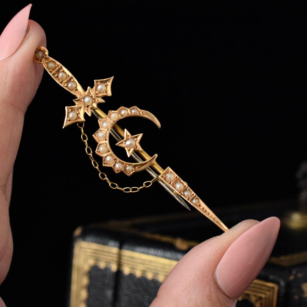 Antique Australian 15ct Yellow Gold Pearl Arrow Crescent Brooch Circa 1900