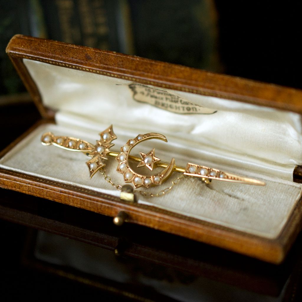 Antique Australian 15ct Yellow Gold Pearl Arrow Crescent Brooch Circa 1900
