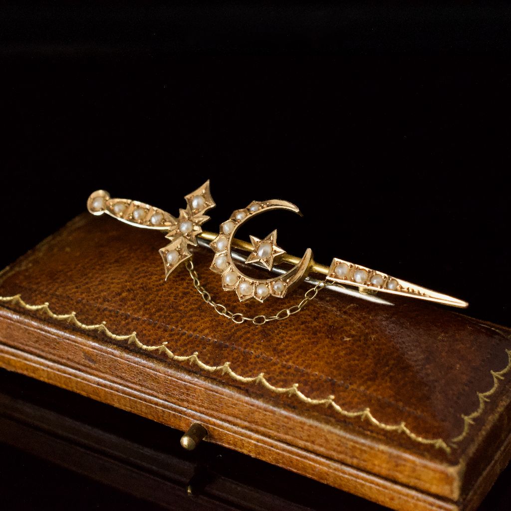 Antique Australian 15ct Yellow Gold Pearl Arrow Crescent Brooch Circa 1900