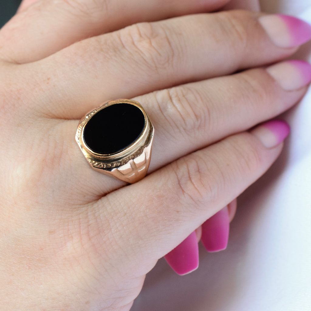 Vintage Art Deco Style 9ct Rose Gold Onyx Signet Ring Circa 1940-50’s