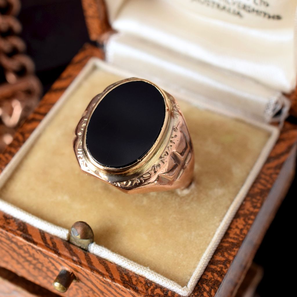 Vintage Art Deco Style 9ct Rose Gold Onyx Signet Ring Circa 1940-50’s