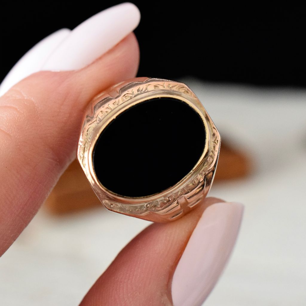Vintage Art Deco Style 9ct Rose Gold Onyx Signet Ring Circa 1940-50’s