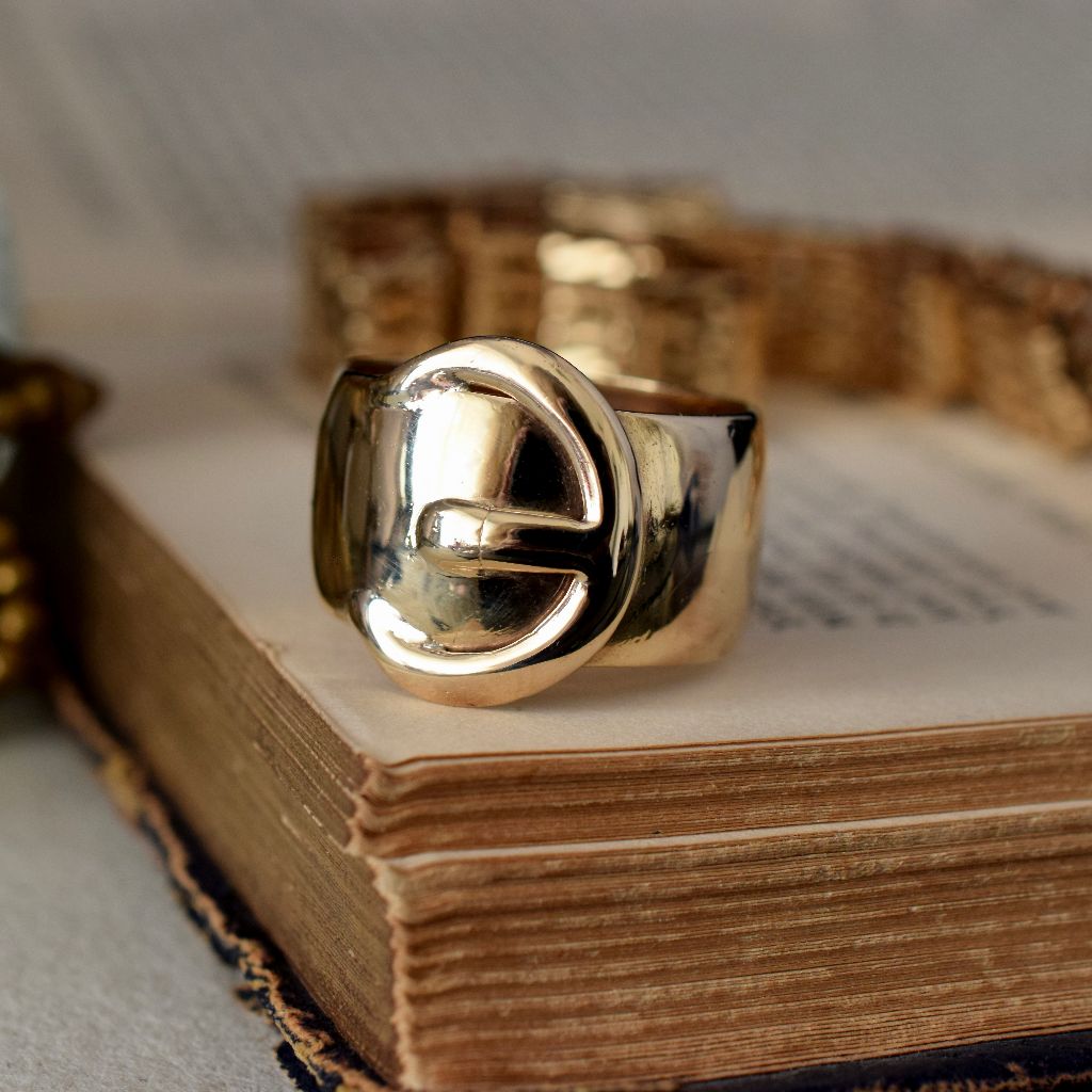 Vintage 9ct Yellow Gold Wide Cigar Band Buckle Ring 1967