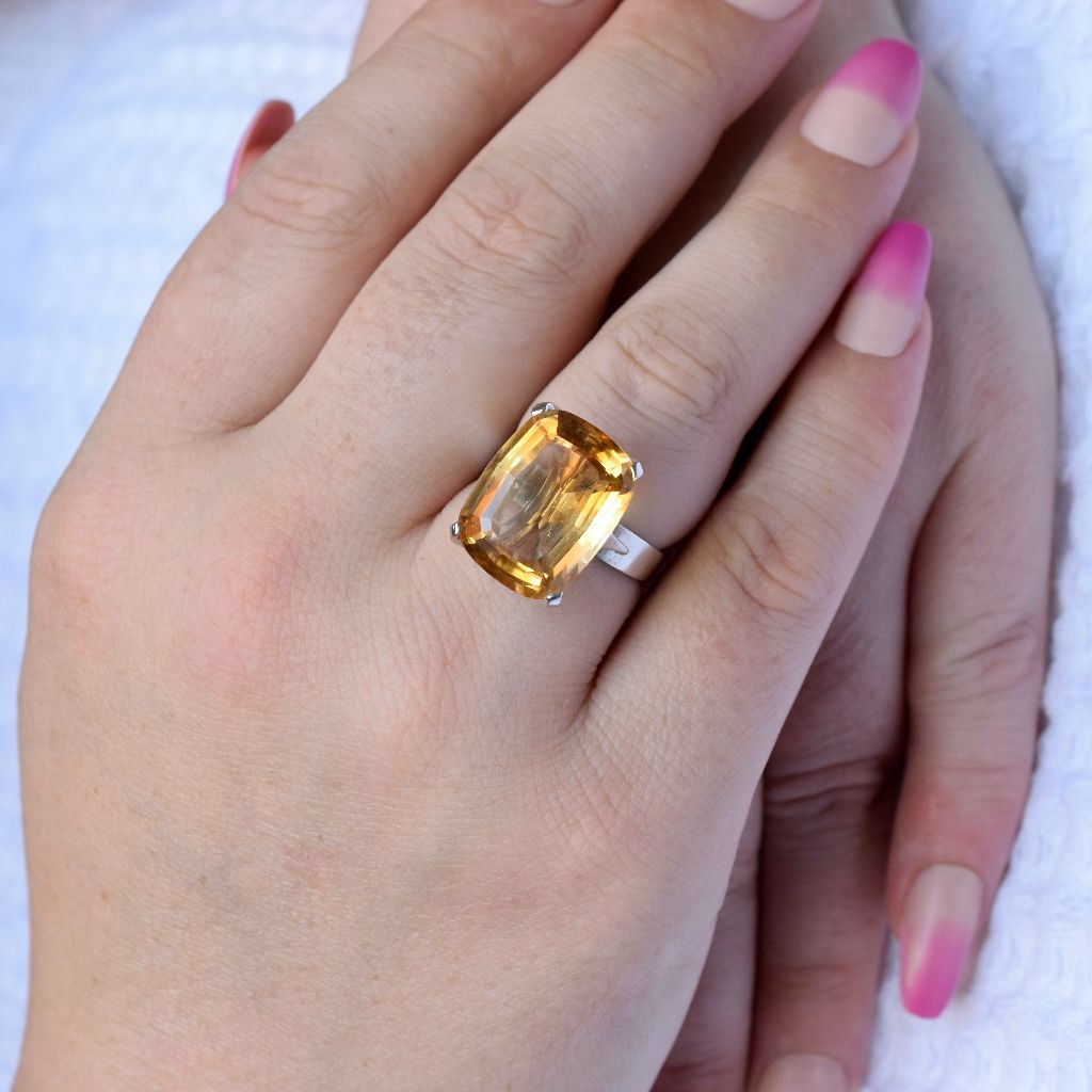 Modern 18ct White Gold Cushion Cut Citrine Ring