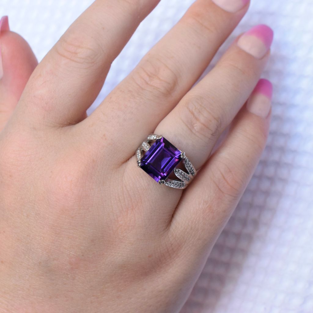 Modern 18ct White Gold Amethyst And Diamond Ring