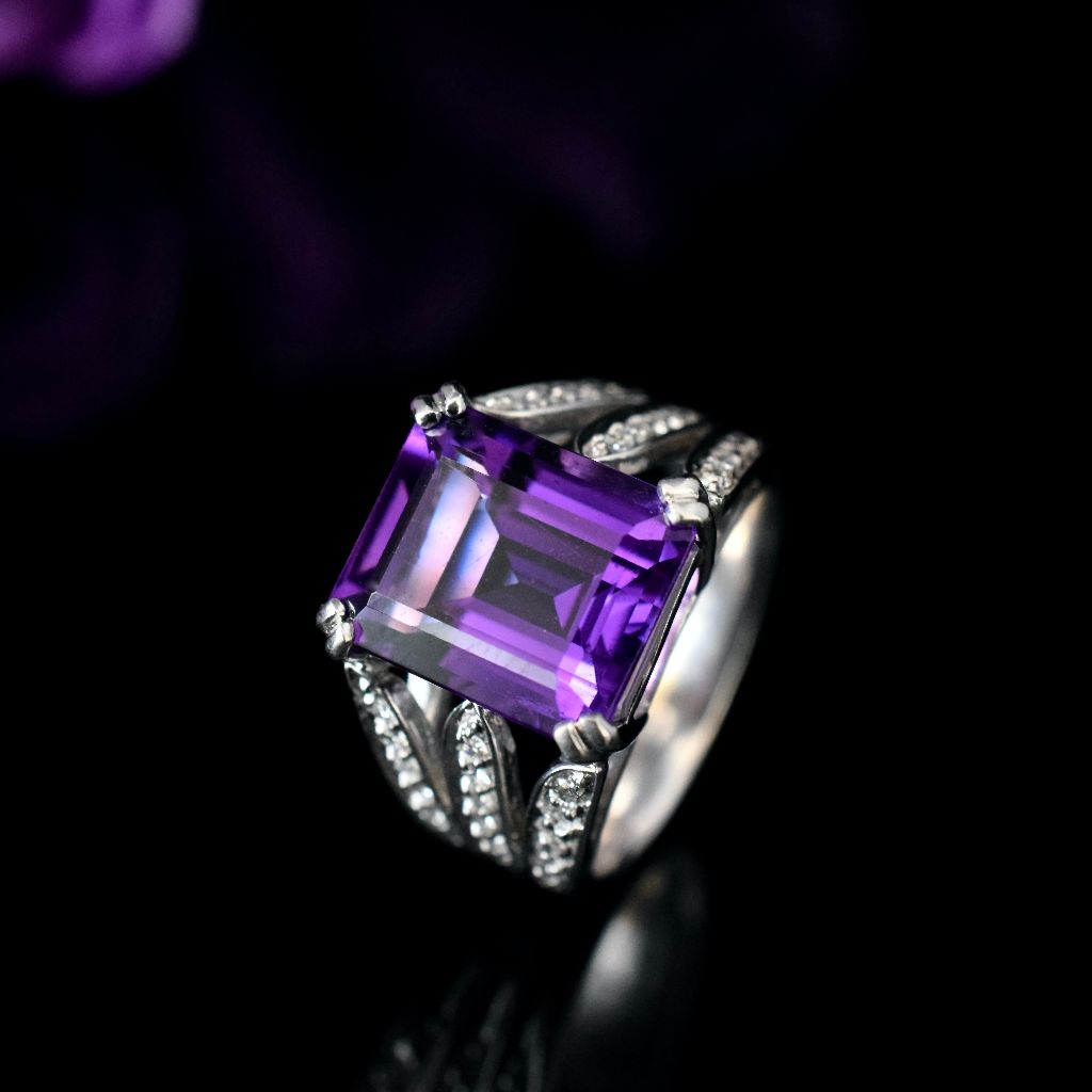 Modern 18ct White Gold Amethyst And Diamond Ring
