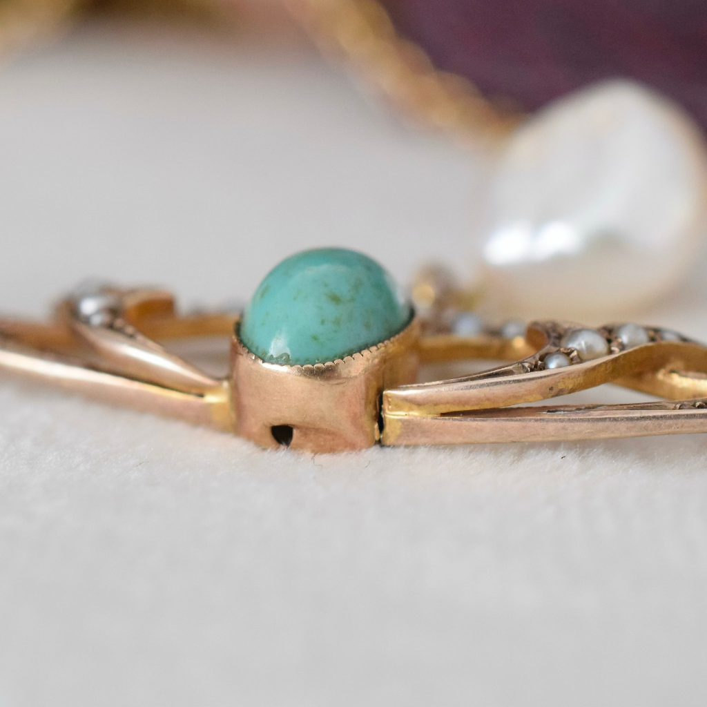 Antique Art Nouveau 15ct And 9ct Turquoise And Pearl Pendant Necklace - Birmingham 1909