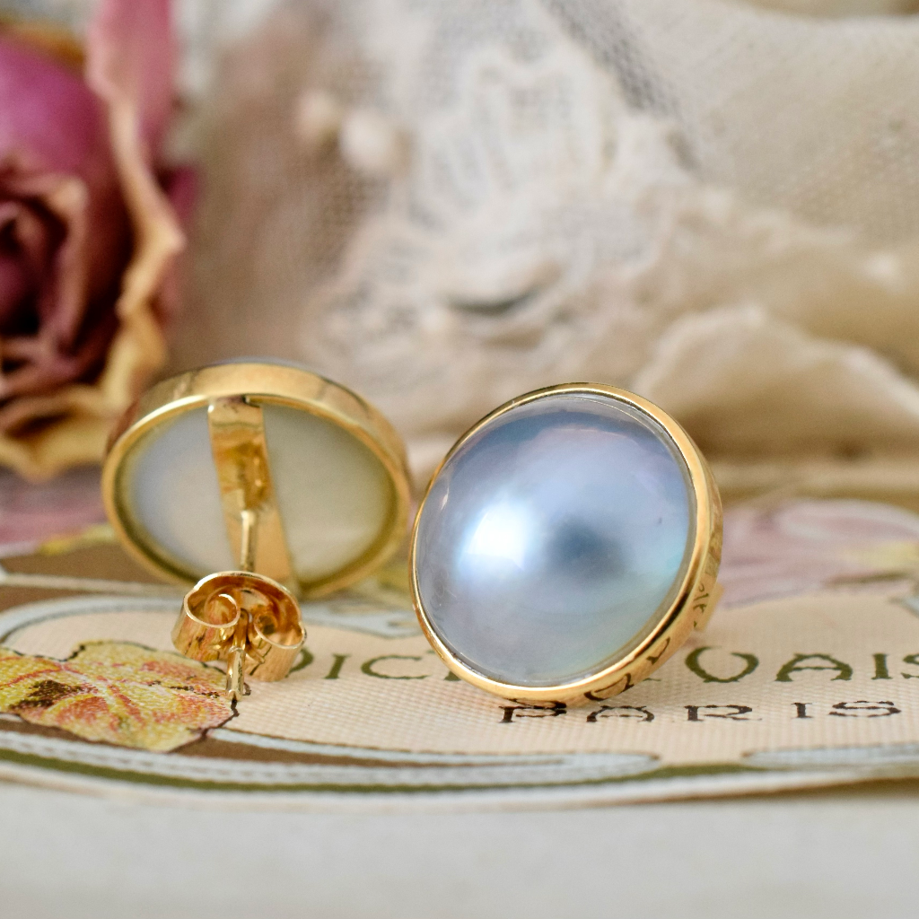 Modern 18ct Yellow Gold Large Mabe Pearl Earrings