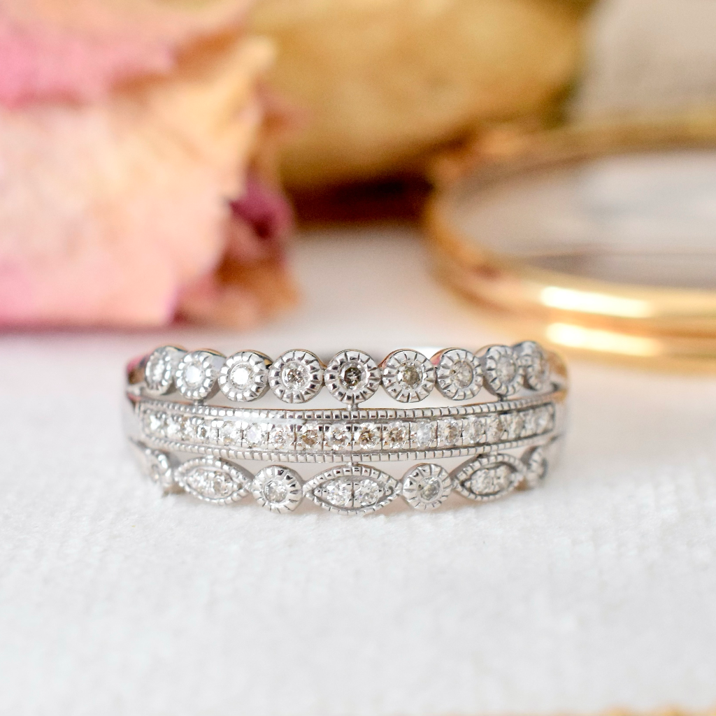 Modern 9ct White Gold Three Row Diamond Ring