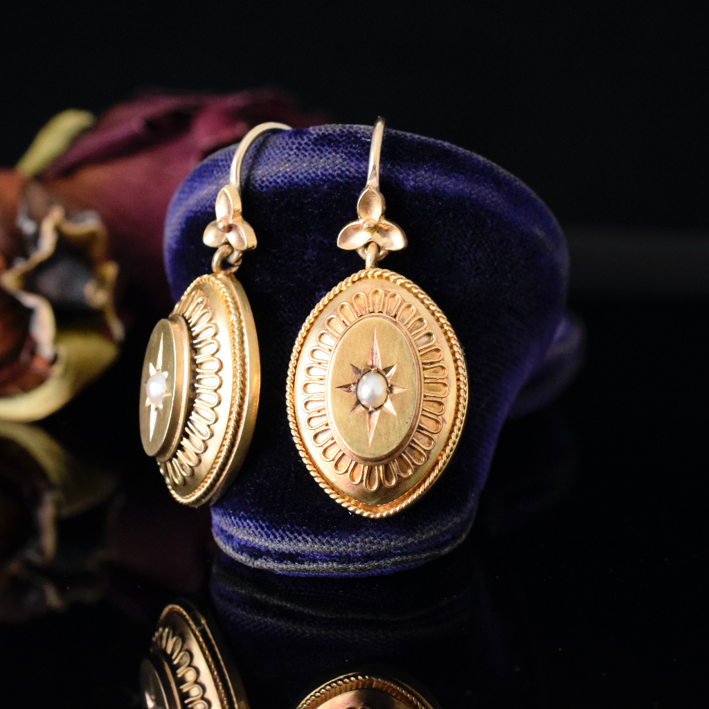Antique Victorian Etruscan Revival 18ct (And 9ct) Gold And Pearl Earrings Circa 1870