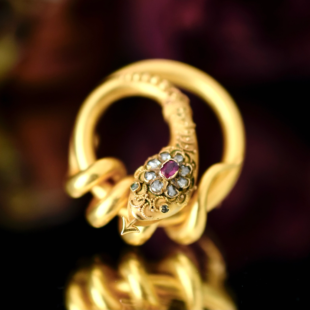 Antique Victorian 22ct Yellow Gold Ruby And Diamond Serpent Brooch Circa 1880
