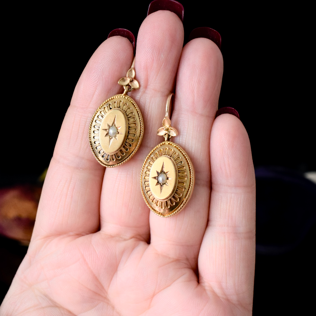 Antique Victorian Etruscan Revival 18ct (And 9ct) Gold And Pearl Earrings Circa 1870