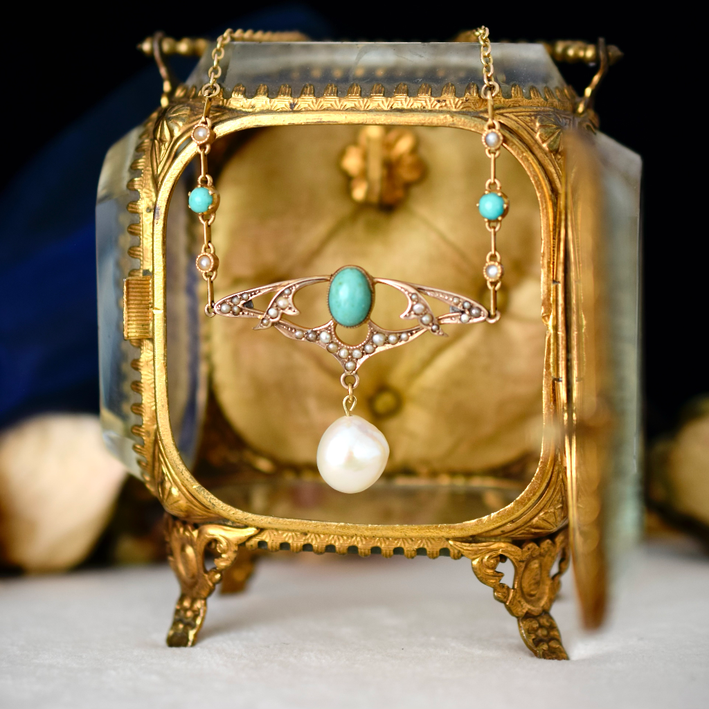 Antique Art Nouveau 15ct And 9ct Turquoise And Pearl Pendant Necklace - Birmingham 1909