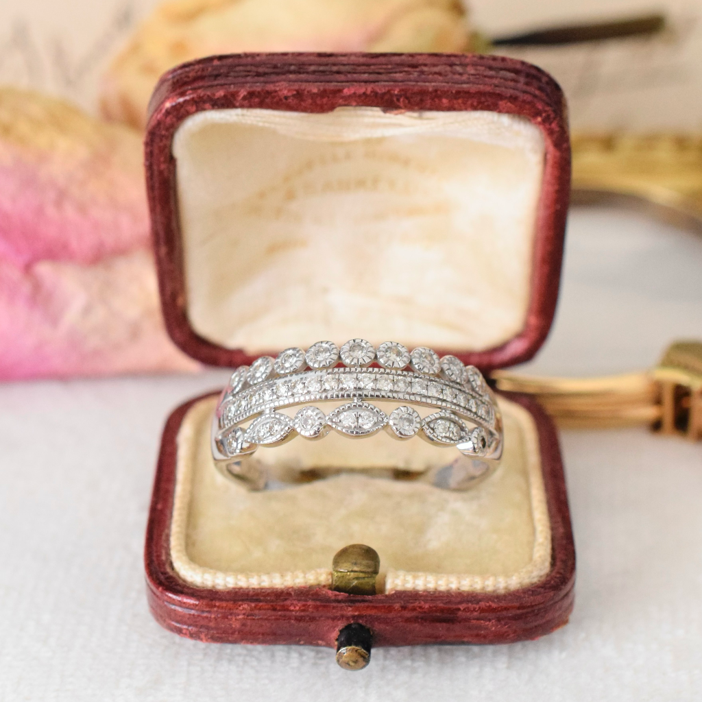 Modern 9ct White Gold Three Row Diamond Ring