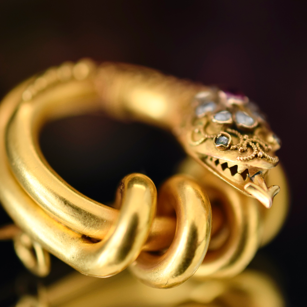 Antique Victorian 22ct Yellow Gold Ruby And Diamond Serpent Brooch Circa 1880