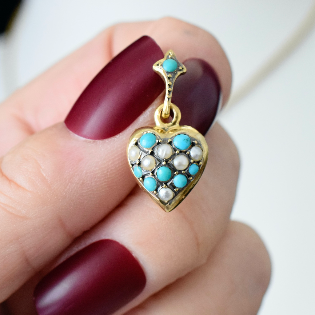 Antique Edwardian Silver/Gold Washed Turquoise And Pearl Heart Pendant Circa 1910