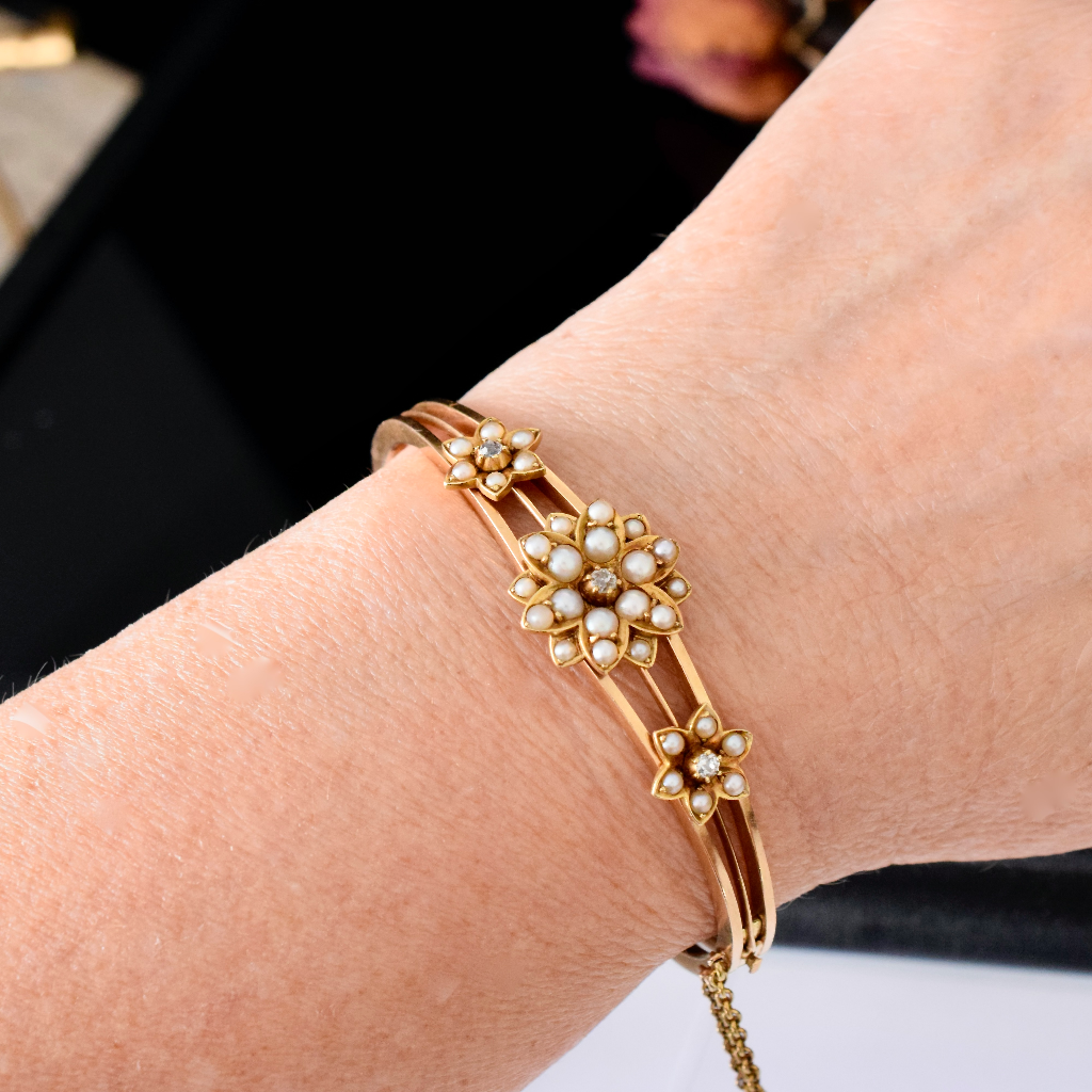 Antique Edwardian 15ct Rose Gold Pearl And Diamond Bangle Circa 1905
