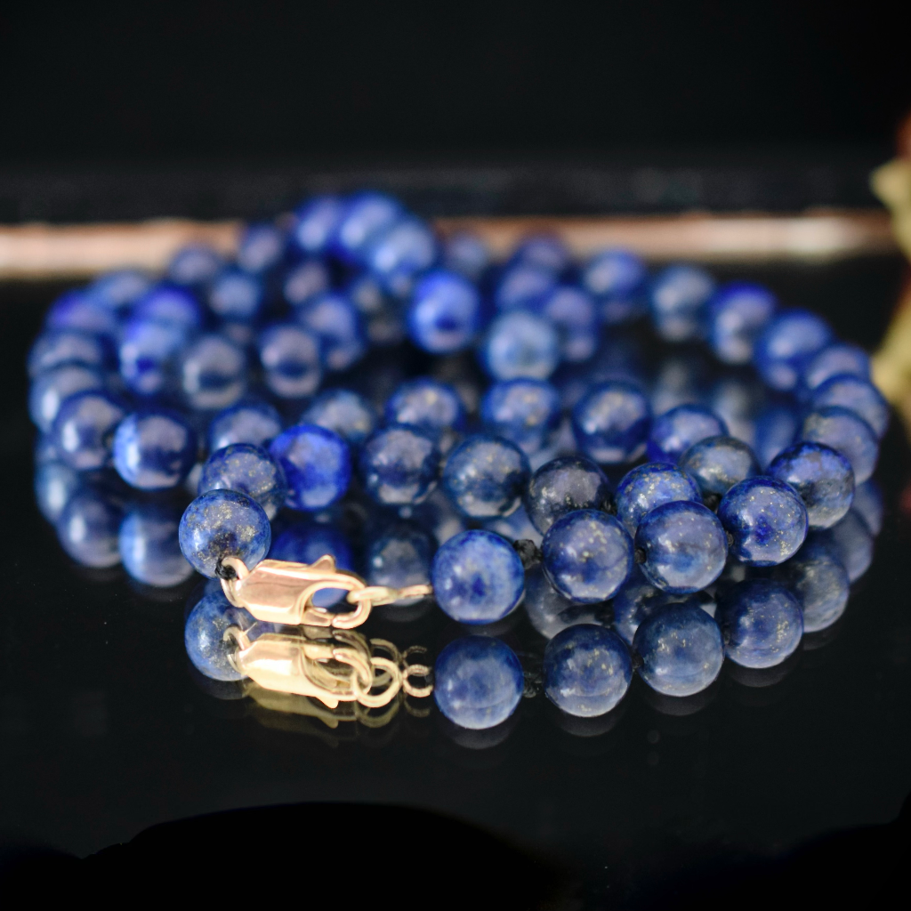 Modern 9ct Yellow Gold Clasped Strand Of Lapis Lazuli Beads