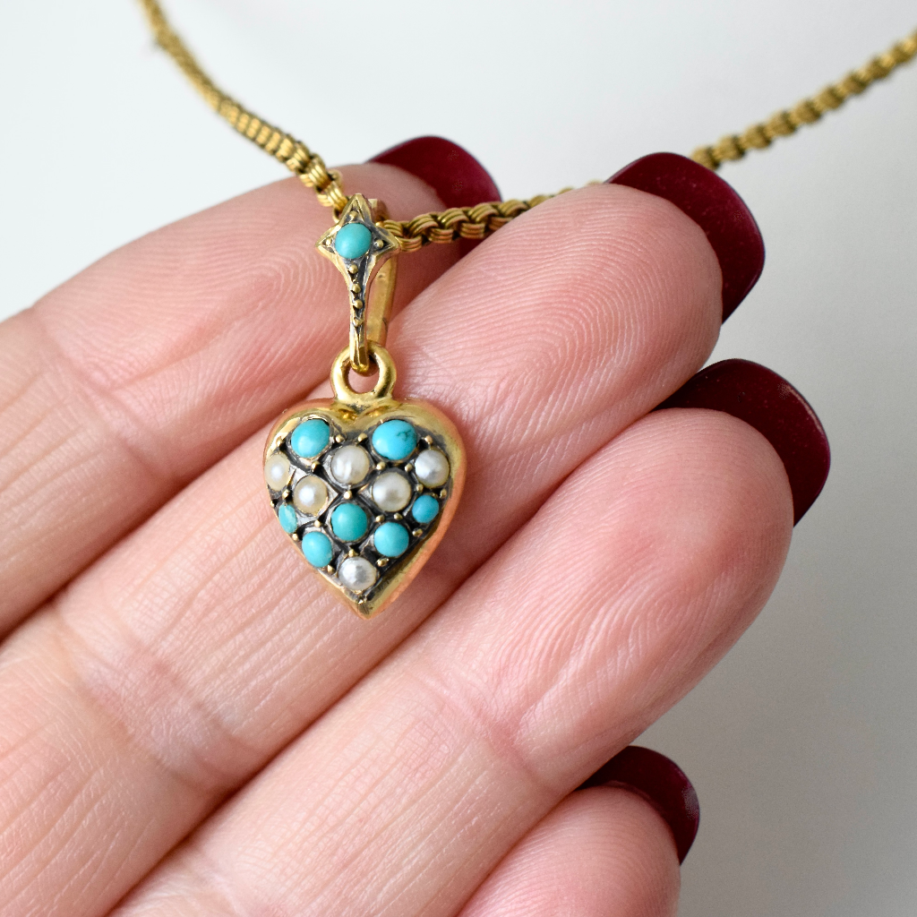 Antique Edwardian Silver/Gold Washed Turquoise And Pearl Heart Pendant Circa 1910
