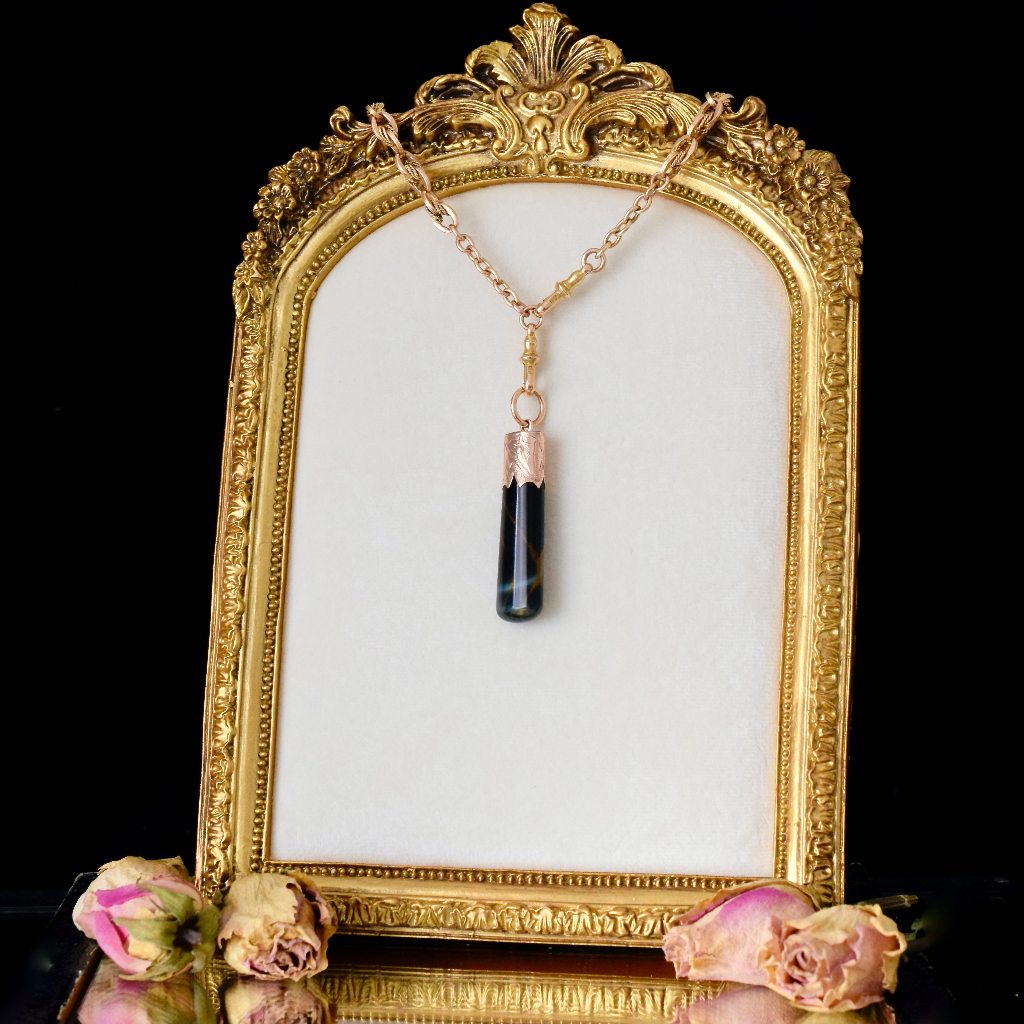 Antique 9ct Rose Gold Hawkes Eye (Blue Tigers Eye) Large Fob Pendant Circa 1900