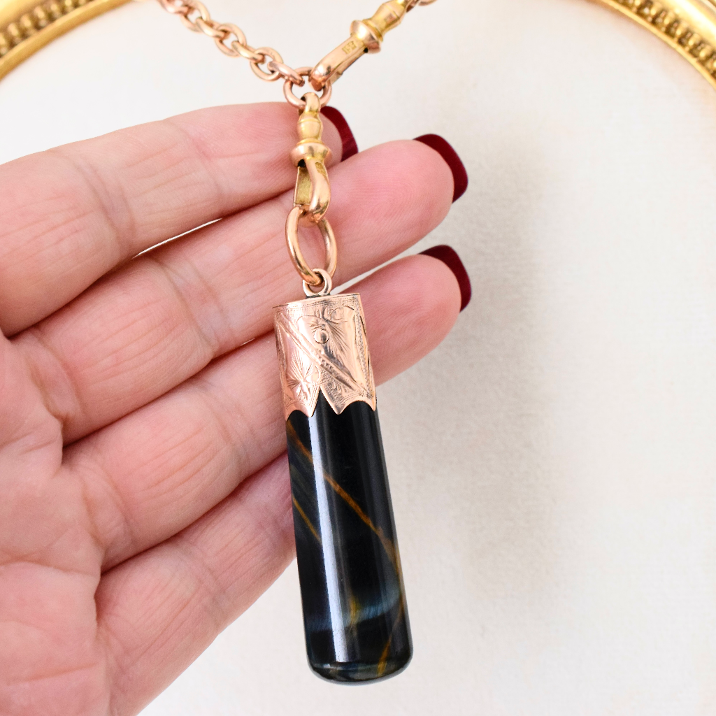 Antique 9ct Rose Gold Hawkes Eye (Blue Tigers Eye) Large Fob Pendant Circa 1900