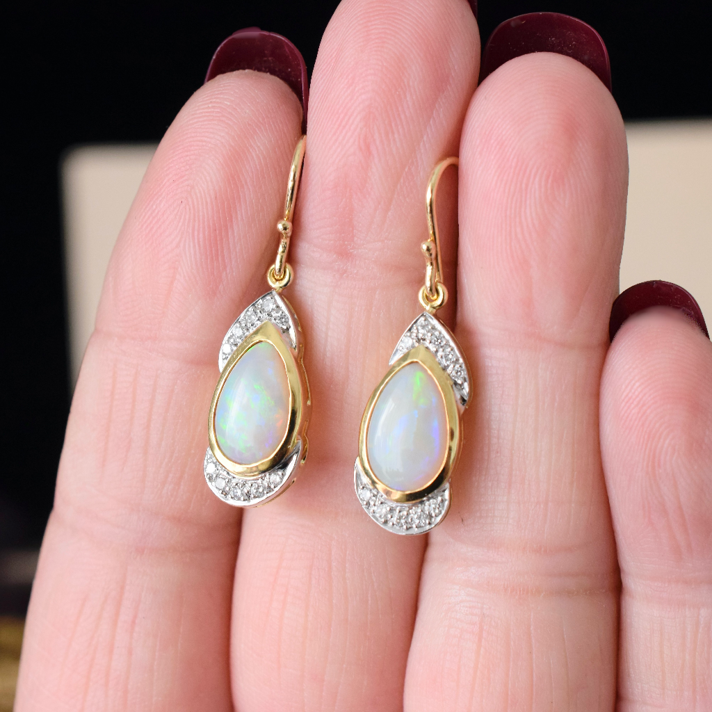 Modern 18ct Yellow Gold Solid White Crystal Opal And Diamond Earrings