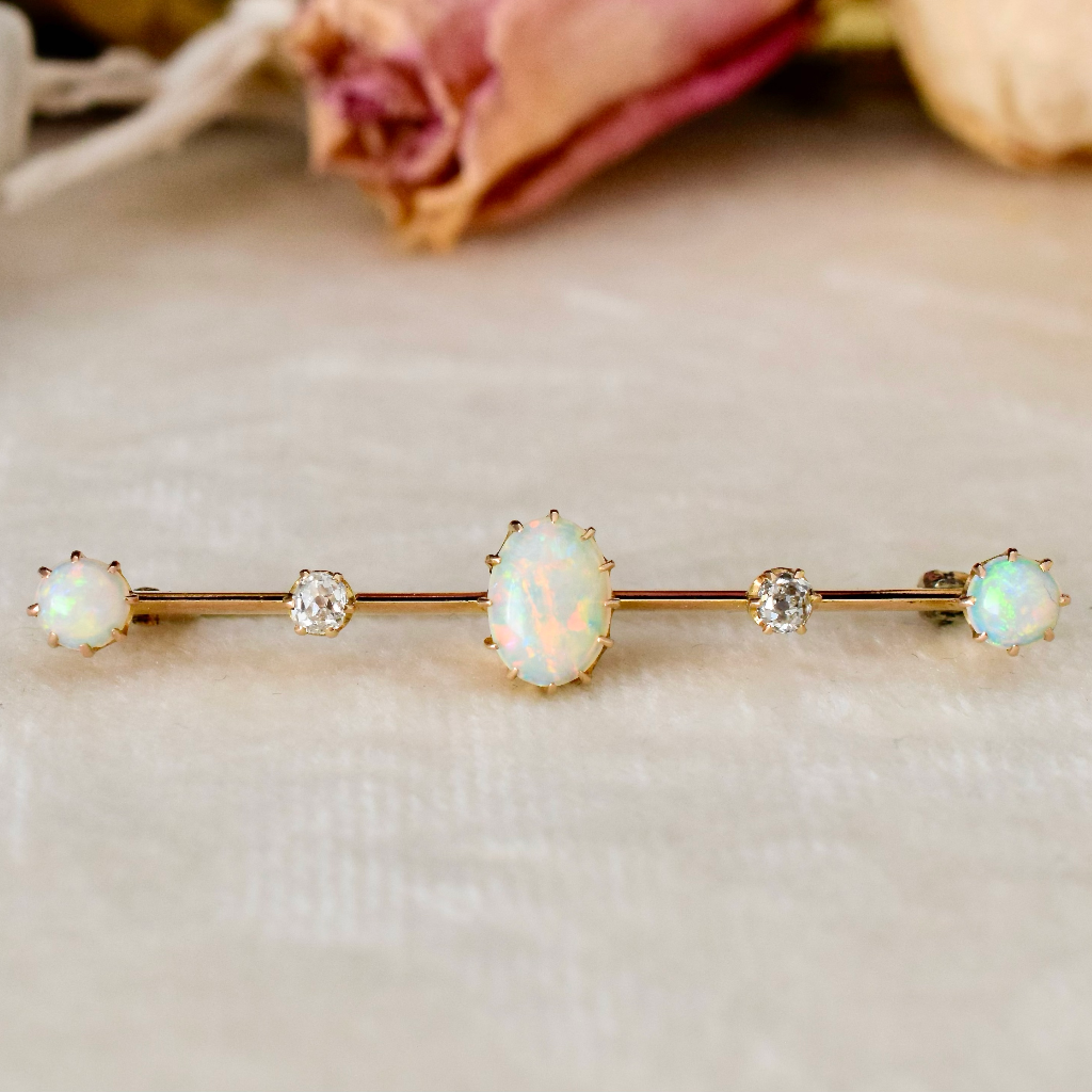 Antique Australian 15ct Yellow Gold Opal And Diamond Bar Brooch Circa 1910