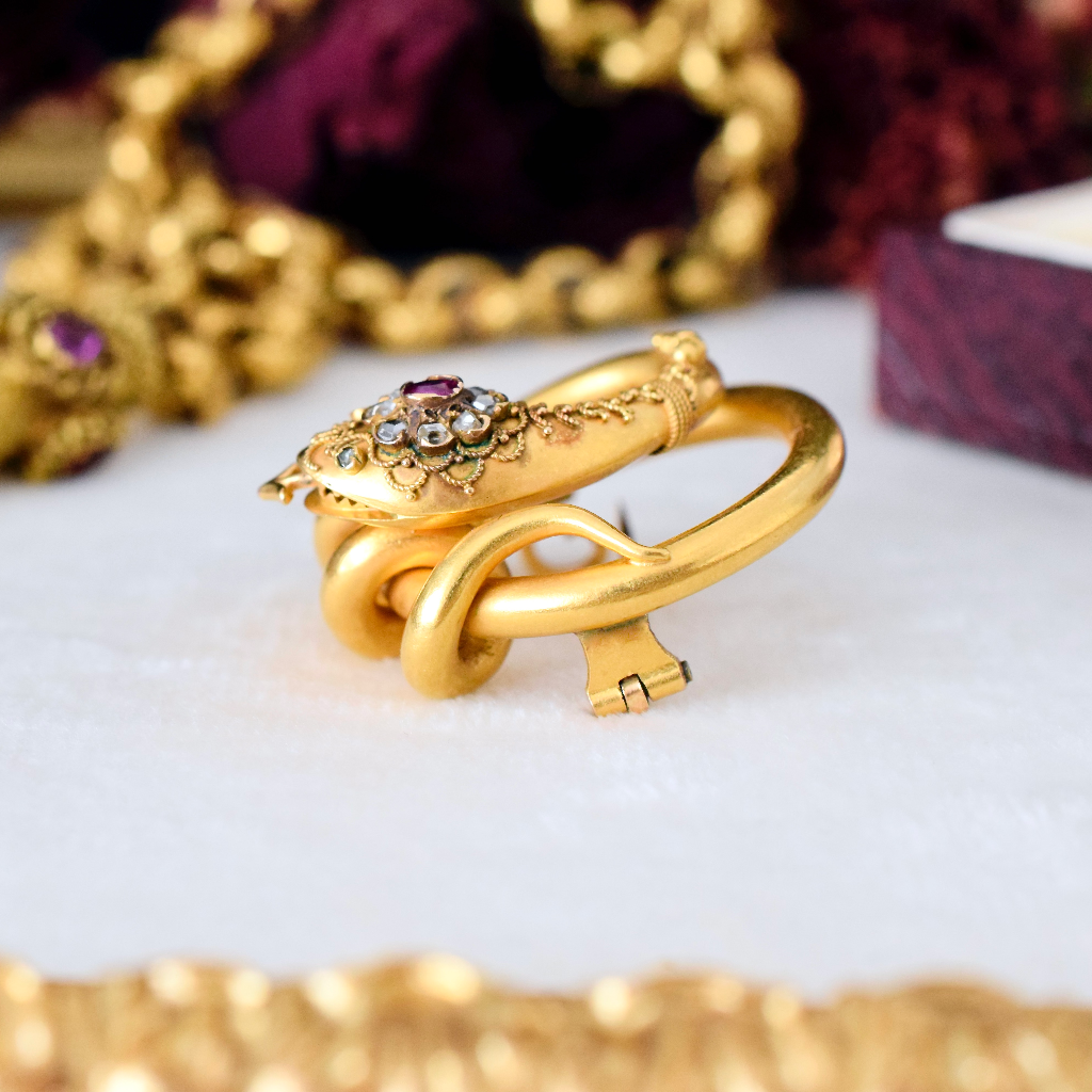 Antique Victorian 22ct Yellow Gold Ruby And Diamond Serpent Brooch Circa 1880