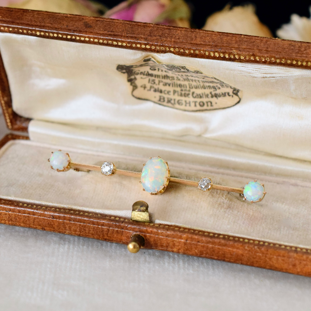 Antique Australian 15ct Yellow Gold Opal And Diamond Bar Brooch Circa 1910