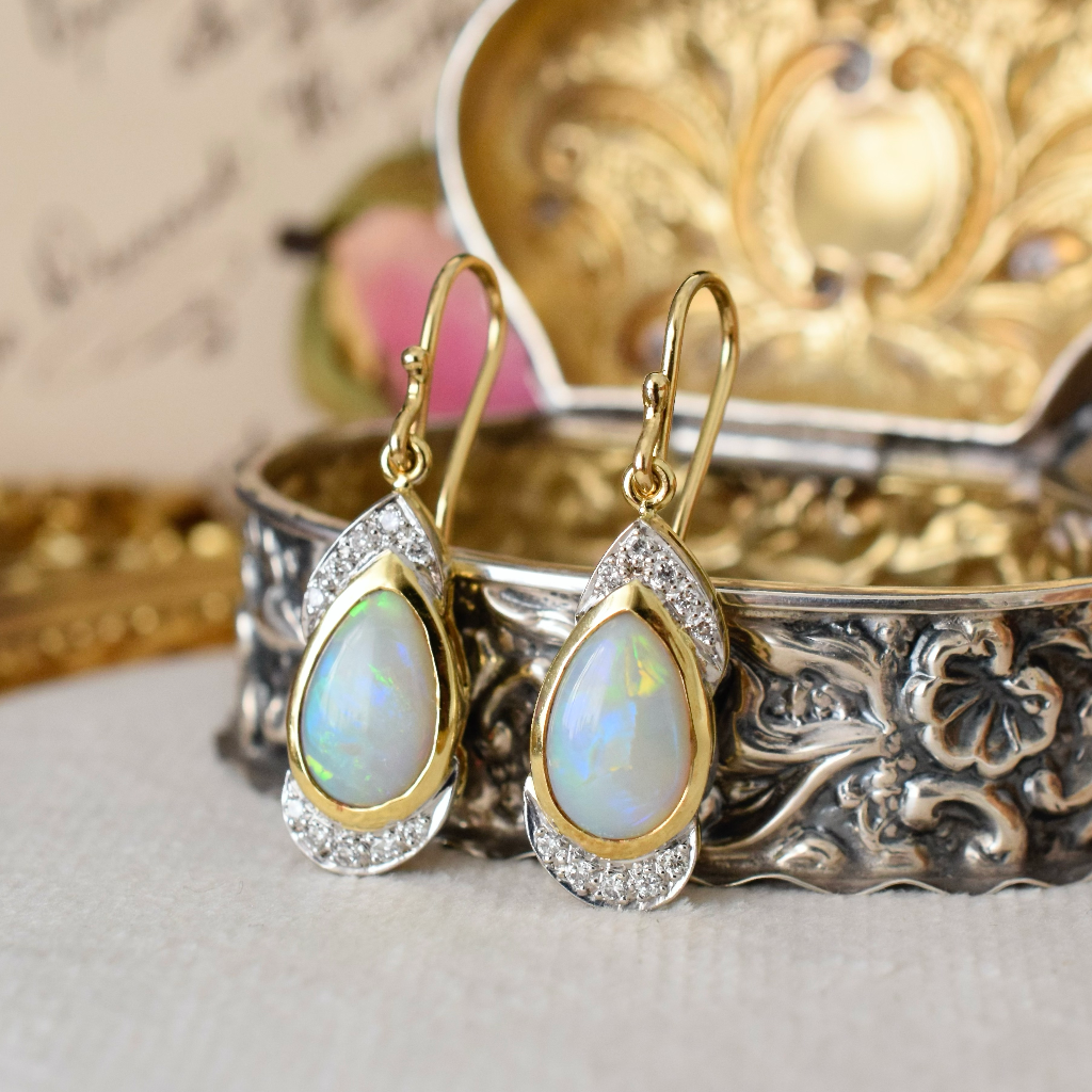 Modern 18ct Yellow Gold Solid White Crystal Opal And Diamond Earrings