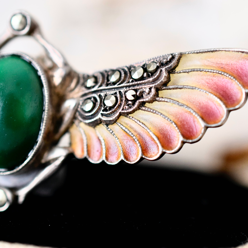 Austrian Art Deco Egyptian Revival Plique à Jour Winged Scarab Brooch Circa 1930