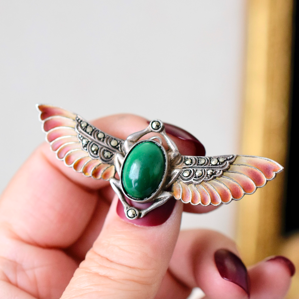Austrian Art Deco Egyptian Revival Plique à Jour Winged Scarab Brooch Circa 1930