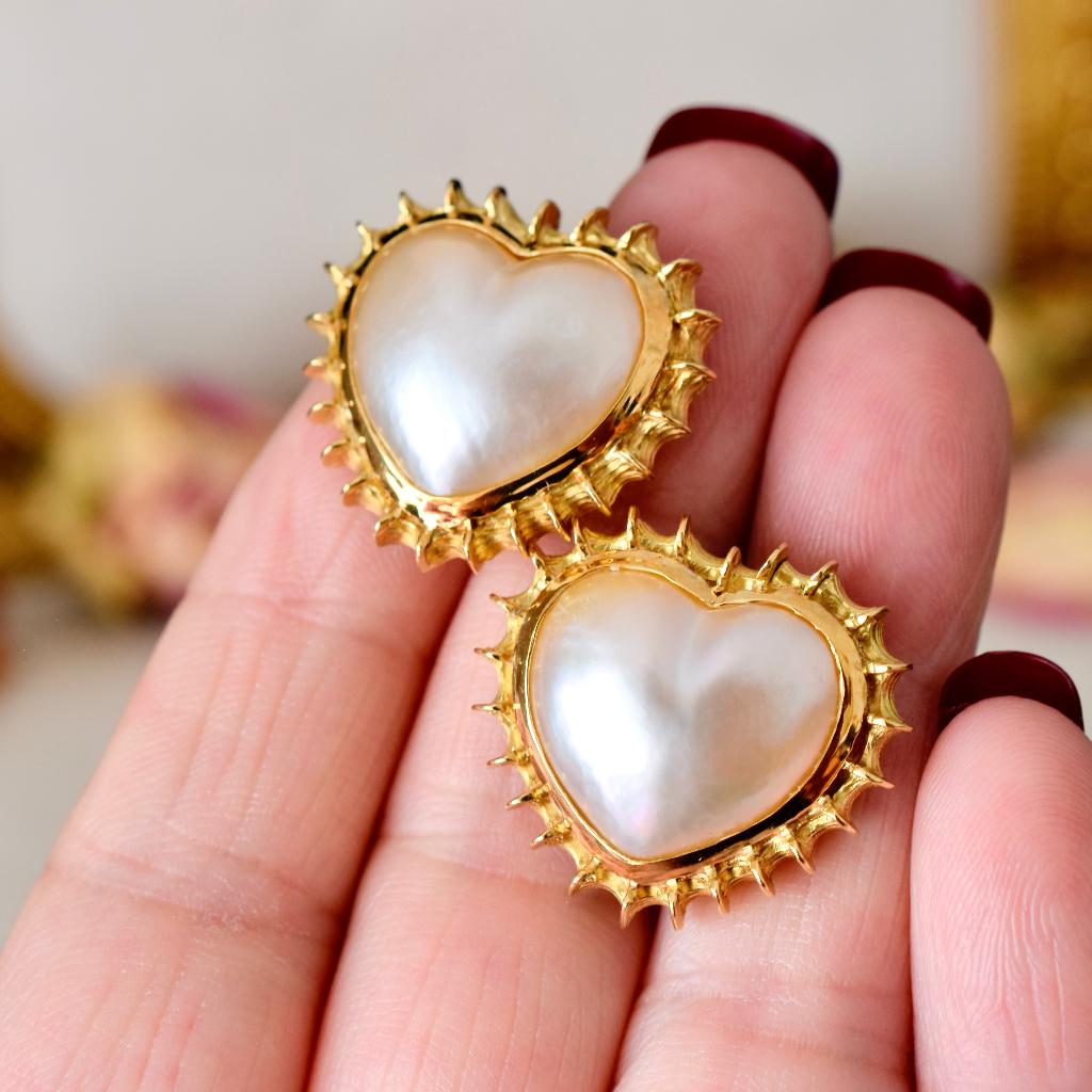 Modern 18ct Yellow Gold ‘Heart’ Cut Mabe Pearl Earrings