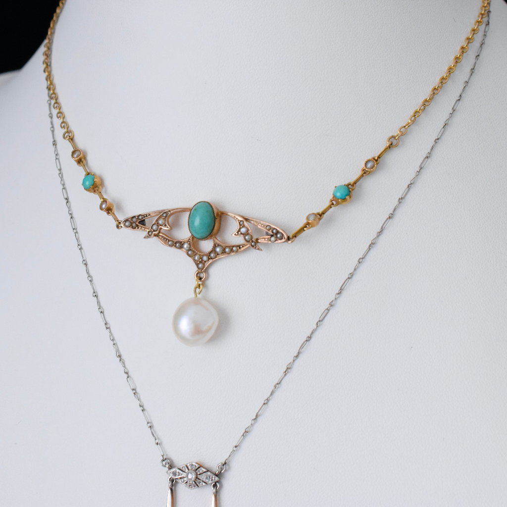 Antique Art Nouveau 15ct And 9ct Turquoise And Pearl Pendant Necklace - Birmingham 1909
