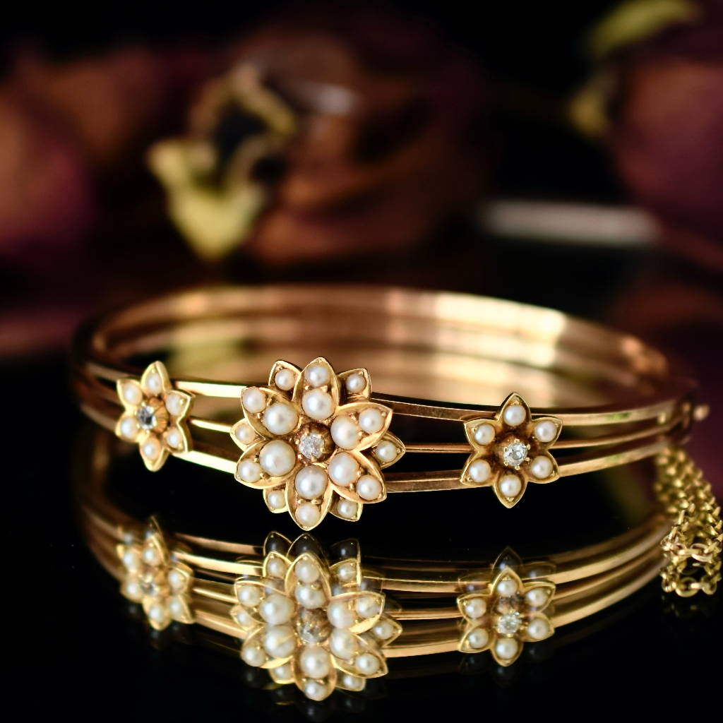 Antique Edwardian 15ct Rose Gold Pearl And Diamond Bangle Circa 1905