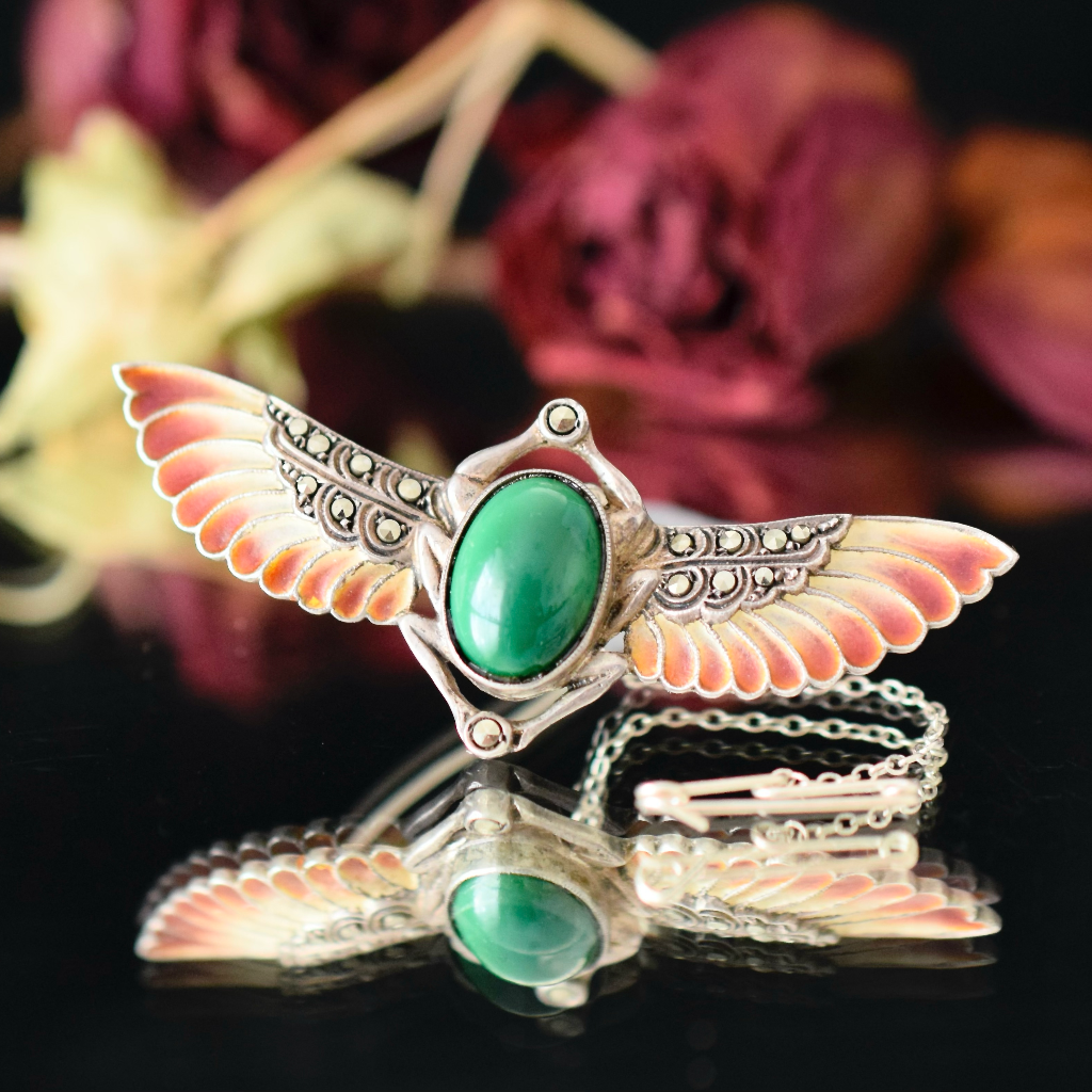 Austrian Art Deco Egyptian Revival Plique à Jour Winged Scarab Brooch Circa 1930