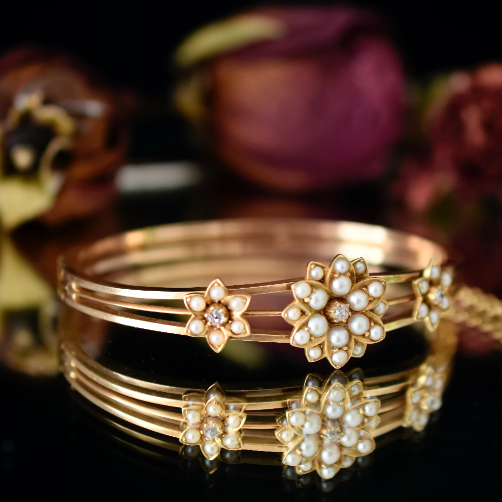 Antique Edwardian 15ct Rose Gold Pearl And Diamond Bangle Circa 1905