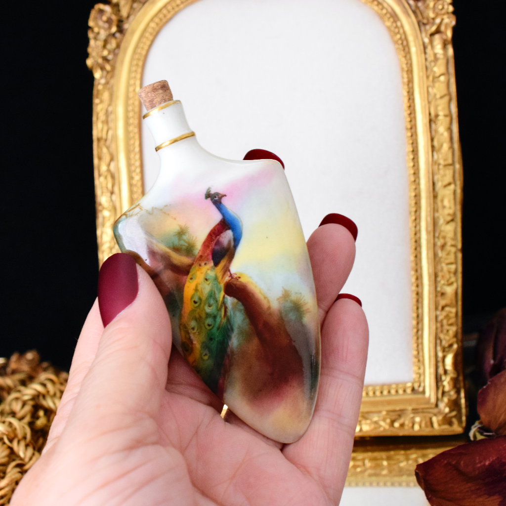 Antique Late Victorian Royal Worcester ‘Peacock’ Porcelain Scent Bottle Circa 1890