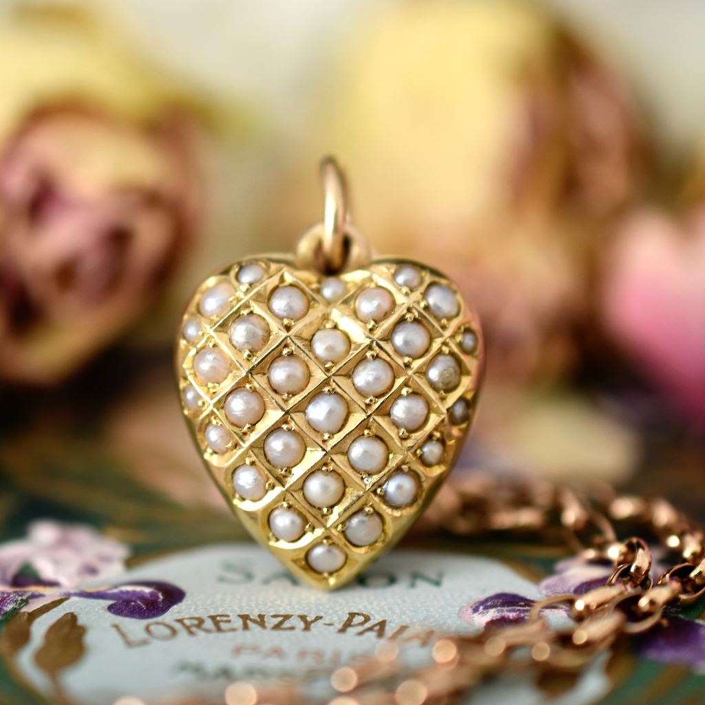 Antique Australian 15ct Rose Gold And Pearl Puffy Heart By Duggin, Shappere And Co. Circa 1915